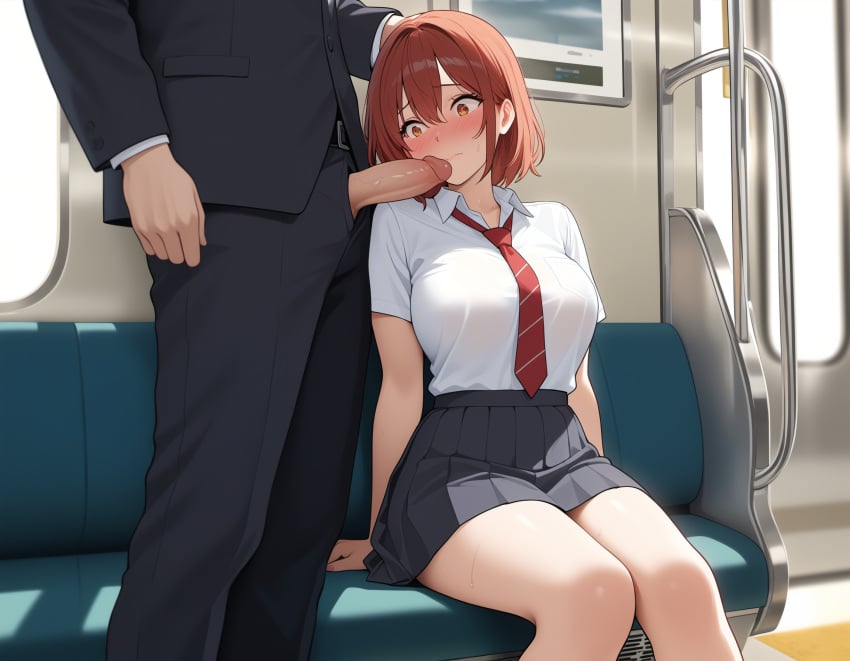 ai_generated big_breasts chikan embarrassed embarrassed_female exhibitionism exhibitionist exposed_penis hand_on_head imminent_oral scared school_uniform schoolgirl sexual_assault sexual_harassment train_interior