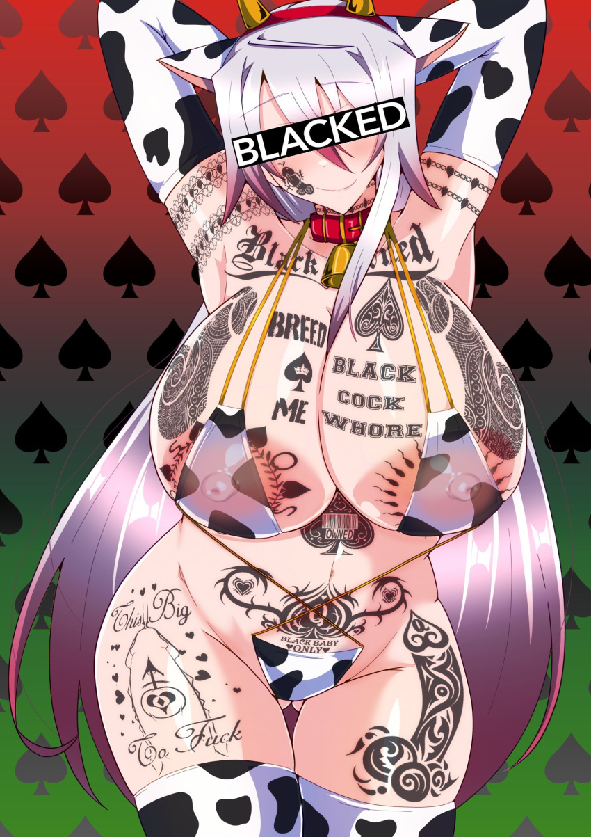 armpits arms_behind_head bikini blacked cow_print_bikini cowbell curvy huge_breasts owned pan_african_colors queen_of_spades queen_of_spades_tattoo slut sperm_tattoo tagme tatoo two_tone_hair veronica_(violet_deadly) violet_deadly white_hair whore