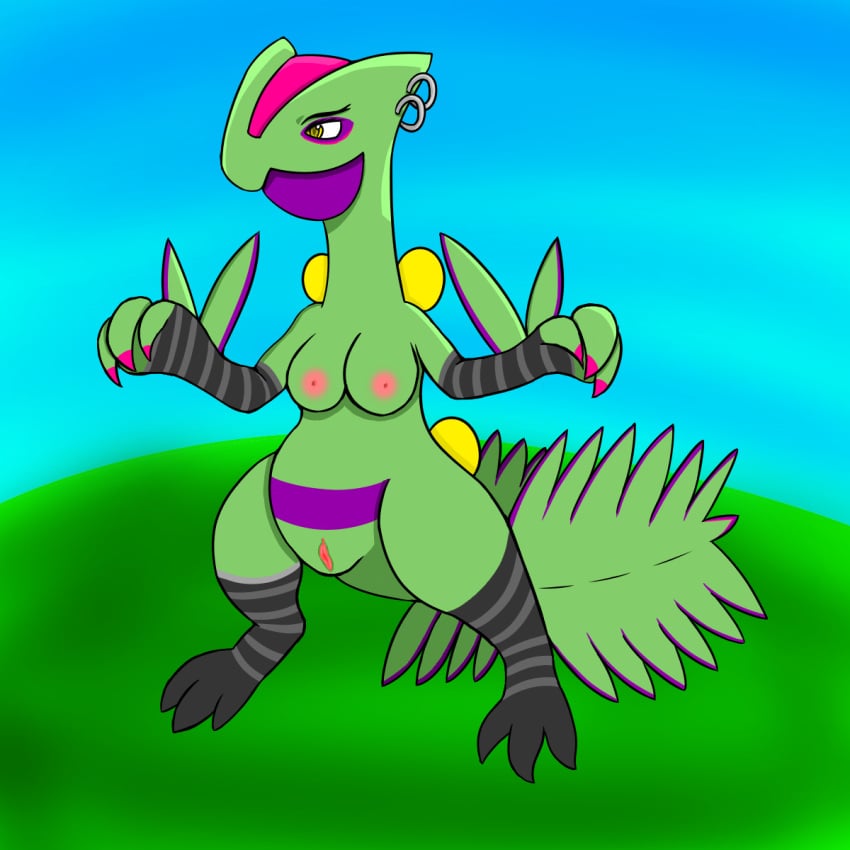 alternative_fashion anthro black_clothing cindy_(trunko) clothing colored_nails female footwear generation_3_pokemon goth green_body green_skin hi_res humanoid nails nintendo piercing pokemon pokemon_(species) sceptile sleeves slightly_chubby socks solo