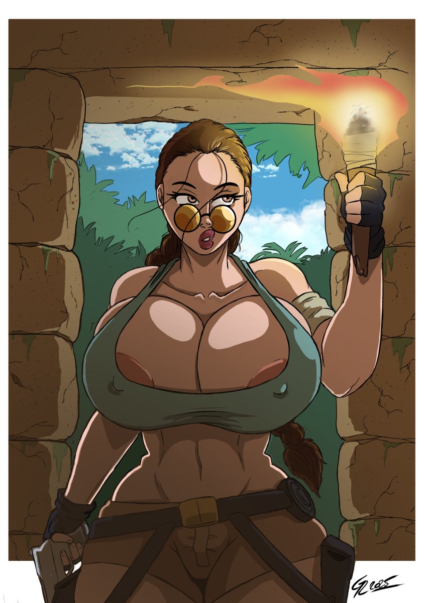 1girls agitowolf_(artist) areola_slip areolae braided_ponytail brown_hair brown_shorts cropped_legs green_tank_top hair_pulled_back holding_weapon huge_breasts indoors lara_croft lips pistol round_eyewear short_shorts standing tank_top tomb_raider