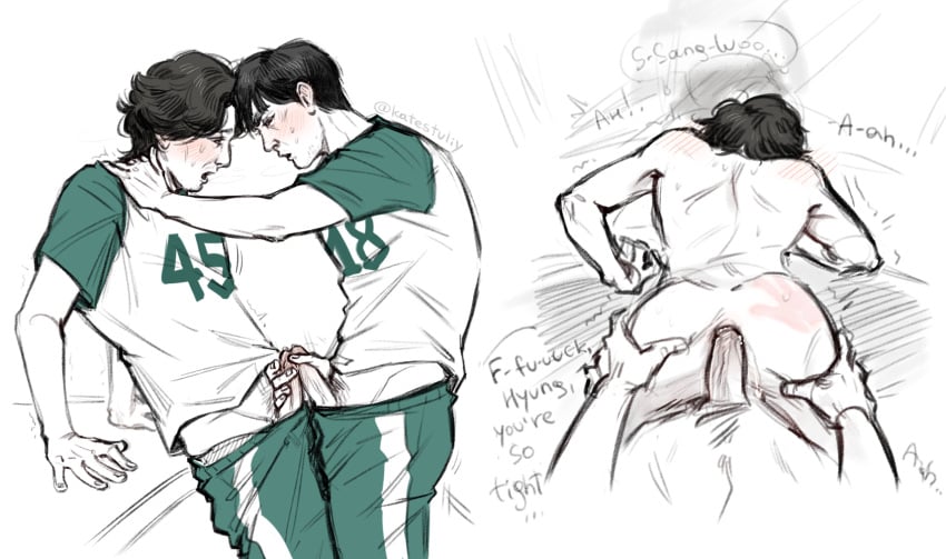 anal_sex black_hair childhood_friend cho_sang-woo dual_handjob from_behind from_behind_position frottage frotting grabbing_shoulders handprint male/male seong_gi-hun slap_mark squid_game text text_bubble trembling yaoi