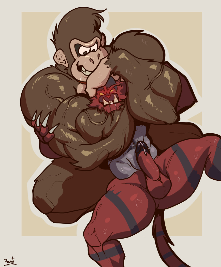 absurd_res anthro ape asphyxiation balls barazoku big_muscles blush bodily_fluids claws dominant dominant_anthro donkey_kong_(series) dripping duo erection fangs finger_claws fur generation_7_pokemon genital_fluids genitals glans gorilla haplorhine head_grab hi_res huge_muscles humiliation incineroar leaking_precum male male/male mammal muscular muscular_anthro muscular_male nintendo penis pinumontbalou pokemon pokemon_(species) precum precum_drip primate red_body red_fur saliva smile smiling_at_another smiling_at_partner striped_body striped_fur stripes submissive submissive_anthro submissive_male sweat tail teeth vein veiny_muscles wrestling