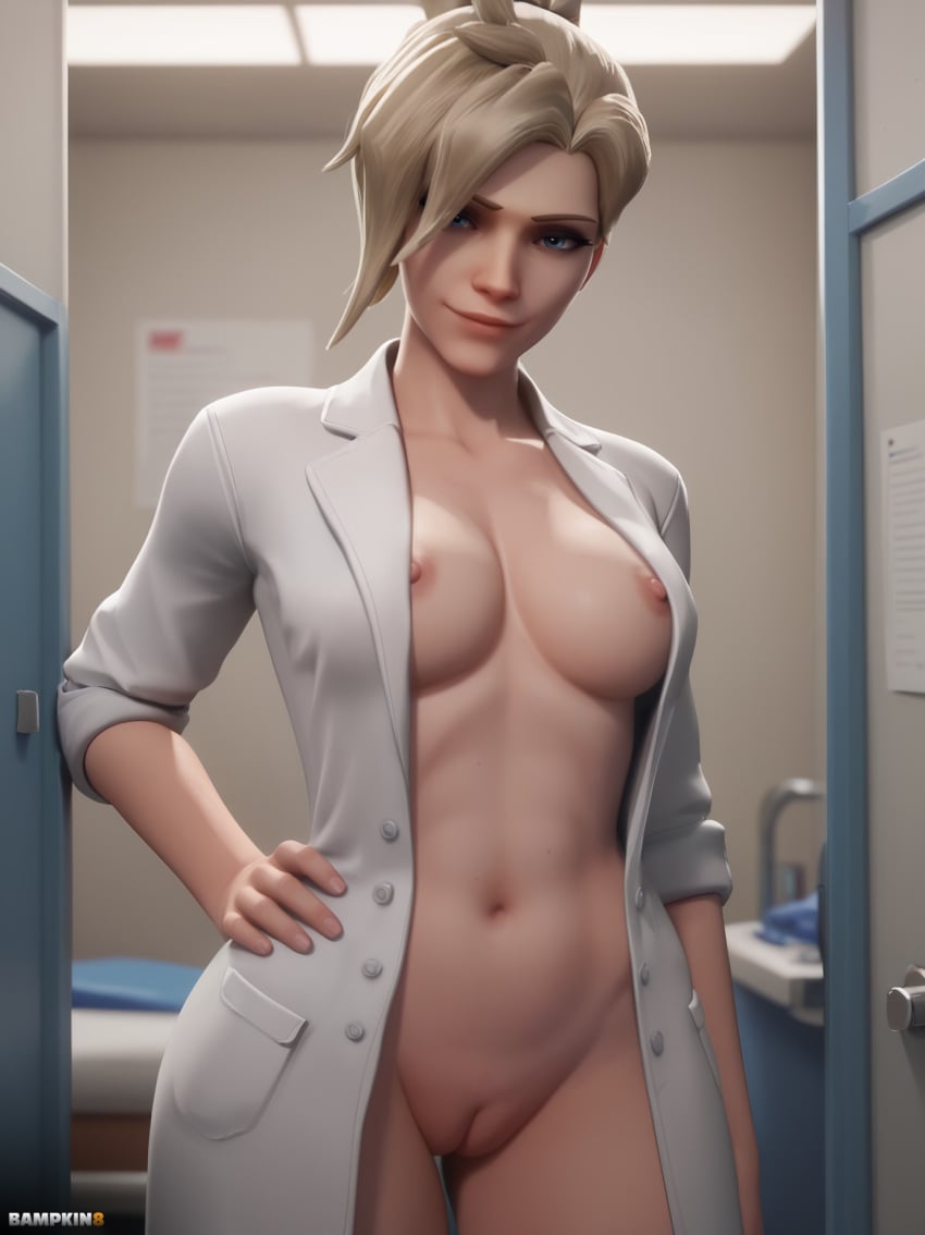 ai_generated bampkin8 belly_button blonde_hair blue_eyes doctor female female hand_on_hip hospital innie_pussy lab_coat looking_at_viewer medium_breasts midriff naked_under_clothes navel nipples nude open_clothes overwatch pussy shaved_pussy smirk solo standing