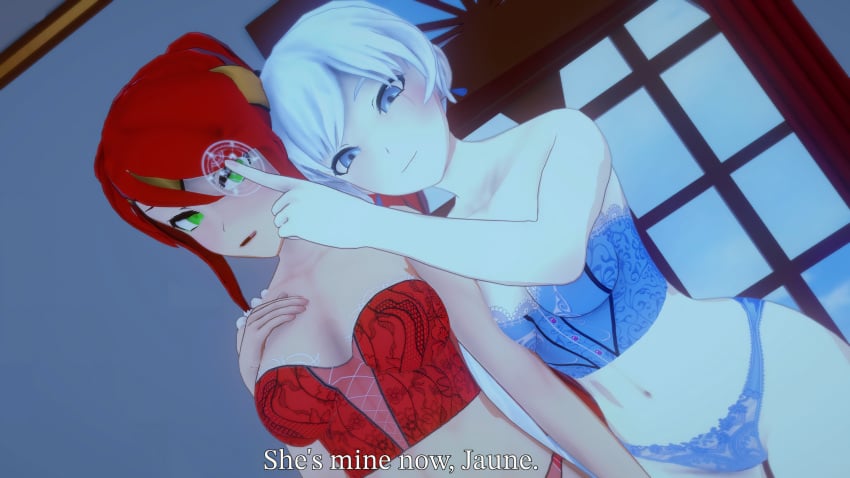 blue_eyes empty_eyes female_only femdom femsub green_eyes hypnosis koikatsu lingerie magic_circle mind_control pale_skin perfect_idiot pyrrha_nikos red_hair rwby text weiss_schnee white_hair