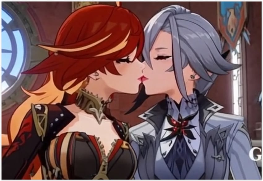 2girls 2milfs ai_generated arlecchino_(genshin_impact) genshin_impact girl_on_girl kissing lesbian_couple lesbian_kiss lovers mavuika_(genshin_impact) yuri