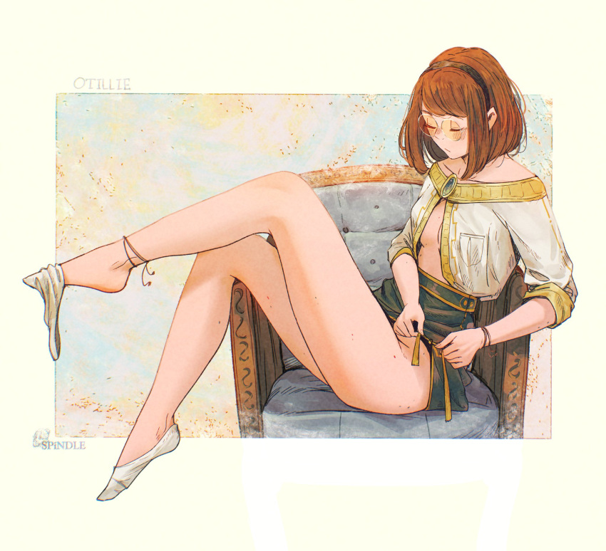 bare_legs bare_shoulders barefoot blush blush_lines bob_cut brown_hair closed_eyes closed_eyes drawing feet female female_only girl glasses lace long_legs looking_down original original_character sitting sitting_on_sofa skirt slim socks socks_removed spindle_(aidenr0) teenager