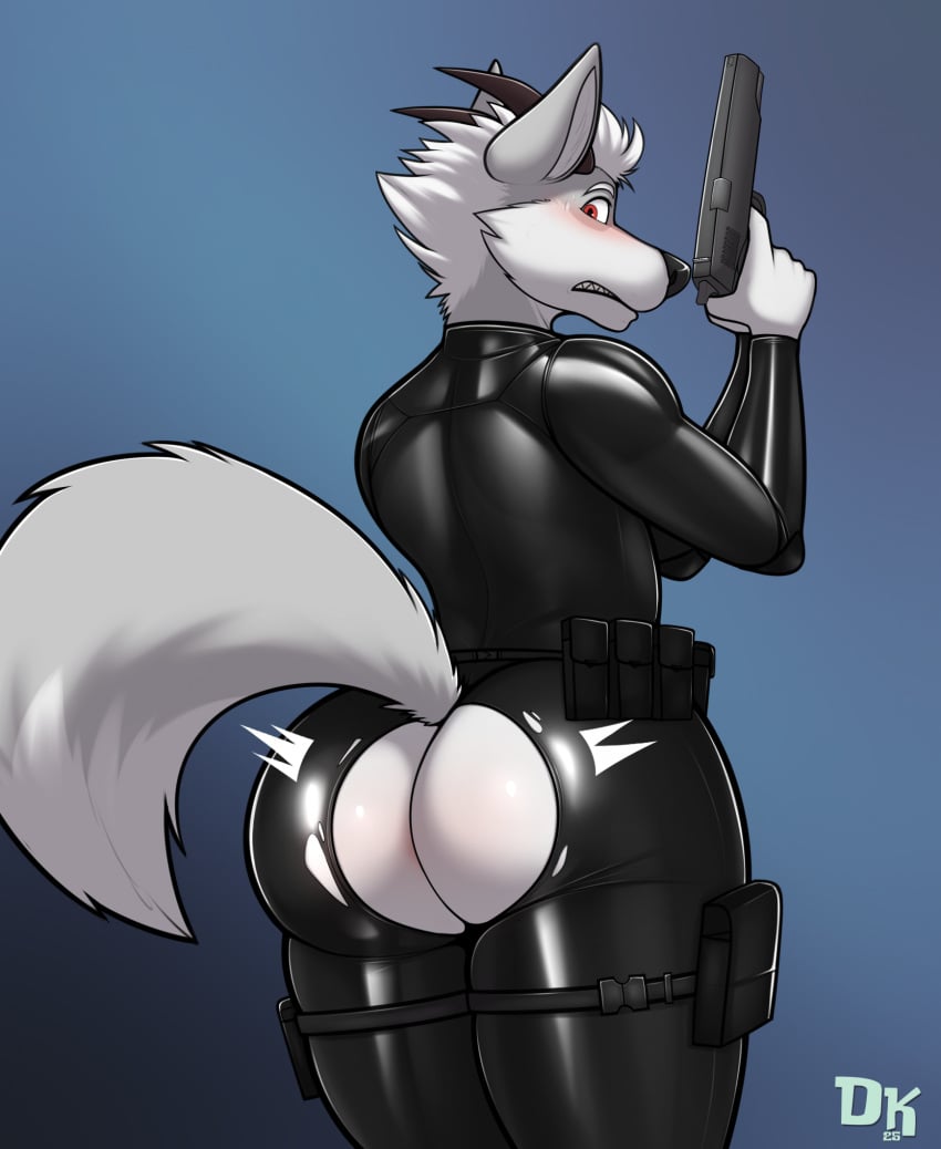 anthro anus ass barely_visible_anus belt big_butt black_clothing bodily_fluids bubble_butt canid canine canis clothing derickk76 dragon fluffy fluffy_tail fur grey_body grey_fur gun hair handgun hi_res holding_gun holding_handgun holding_object holding_pistol holding_ranged_weapon holding_weapon horn hybrid jhar_othim_(character) latex latex_clothing latex_skinsuit male mammal mythological_creature mythological_scalie mythology pistol ranged_weapon rear_view red_eyes scalie skinsuit solo standing sweat sweatdrop tail thick_thighs tight_clothing torn_bodysuit utility_belt wardrobe_malfunction weapon white_body white_fur white_hair wolf