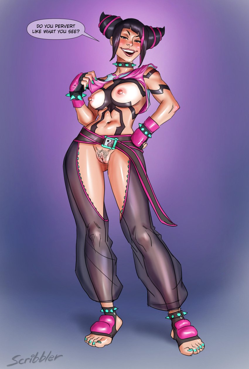 2d areolae black_hair breasts breasts_out busty capcom crotchless female female_focus female_only full_body grammatical_error hourglass_figure juri_han makeup nipples pussy revealing_clothes scribbler skimpy skimpy_clothes speech_bubble street_fighter street_fighter_6 tagme toes vagina wide_hips