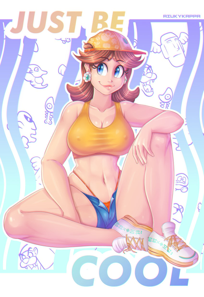 1girls artist_name batadon big_breasts blue_eyes breasts brown_hair busty cleft_of_venus covered_erect_nipples earrings female female_only flower_earrings goomba goombo_(mario_land) hat highres honen jewelry king_totomesu large_breasts legs lips mario_(series) midriff navel nintendo princess princess_daisy riukykappa short_hair shorts sitting smile solo super_mario_land tank_top thick_thighs thighs thong toned torion voluptuous yurarin_(mario)