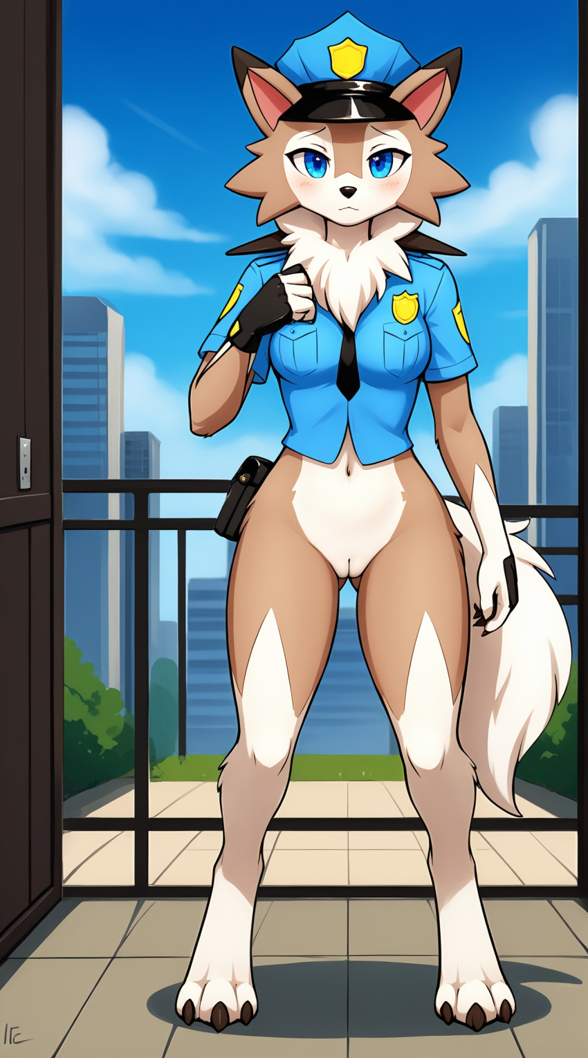 1girls 2025 ai_generated anthro blue_eyes blushing bottomless bottomless_female brown_fur digitigrade female female_only generation_7_pokemon hi_res innie_pussy looking_at_viewer lycanroc midday_lycanroc nintendo outdoors pokemon pokemon_(species) police police_uniform pussy white_fur