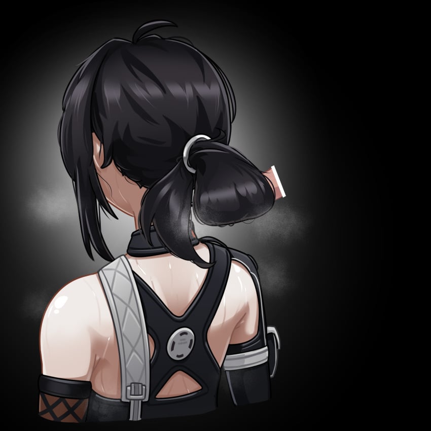 absurdres ahoge back bar_censor bare_shoulders black_background black_hair censored chest_strap commentary criss-cross_back-straps cropped_torso disembodied_penis english_commentary female fiery_(ahhh7475) from_behind grace_howard hair_focus hairjob highres long_hair penis ponytail profile sidelocks simple_background solo steam sweat upper_body variant_set zenless_zone_zero