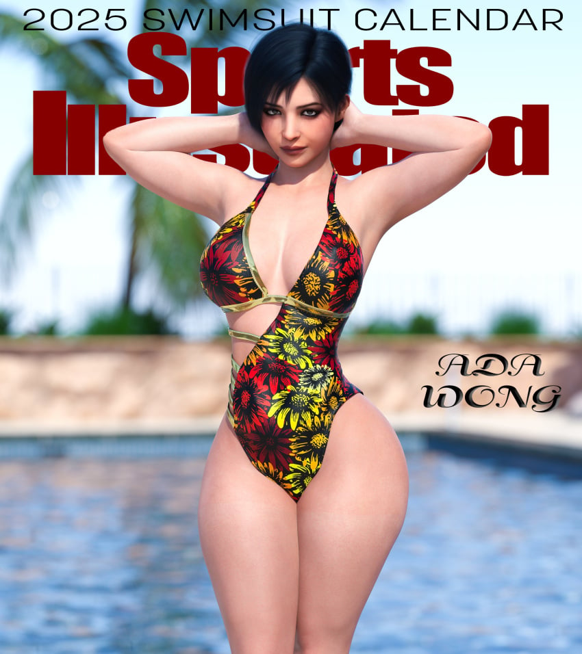 1girls 3d ada_wong asian black_hair bustin3d female magazine_cover resident_evil solo sports_illustrated swimsuit