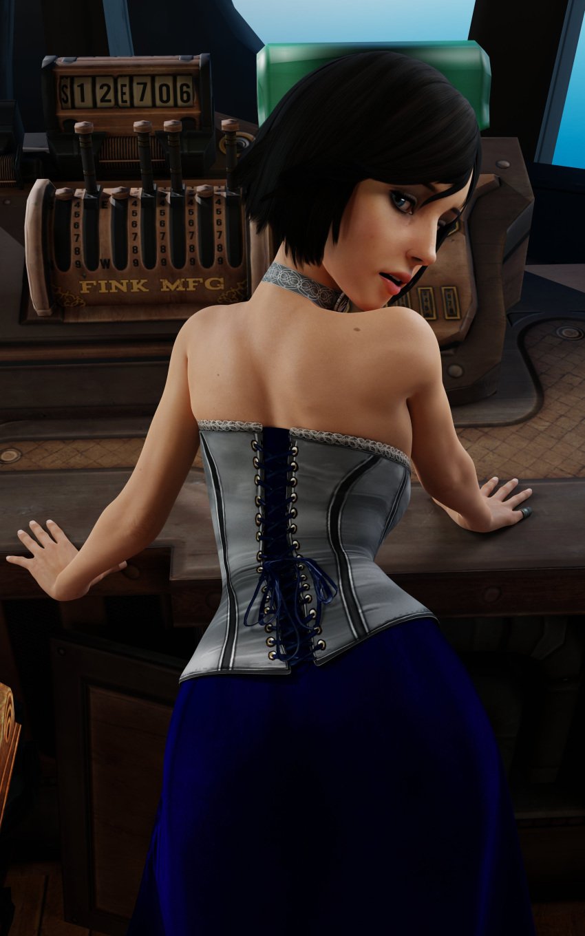 3d ass bioshock bioshock_infinite blue_eyes brown_hair bubble_butt busty coffeeforsnails elizabeth_comstock female female_focus female_only hourglass_figure looking_at_viewer looking_back male_pov pov rear_view short_hair sideboob tagme wide_hips