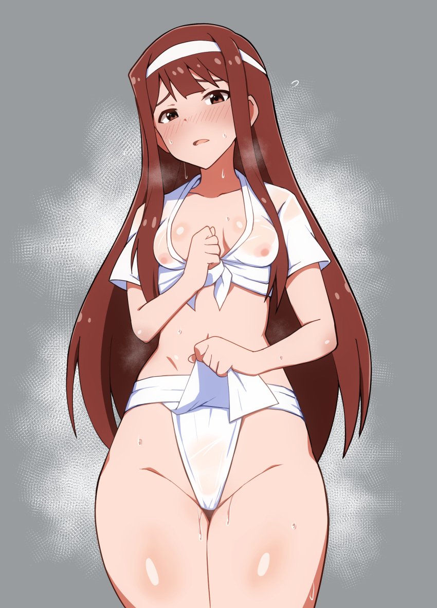 1girls blush breasts brown_eyes brown_hair clothed embarrassed female female_only fundoshi headband idolmaster idolmaster_million_live! japanese_clothes lifting_clothing long_hair looking_at_viewer navel nejime nejime_(nejimeinu) nipples_visible nipples_visible_through_clothing perky_breasts pussy_juice see-through shy small_breasts solo_female standing sweat tanaka_kotoha teenage_girl teenager thick_thighs thighs wide_hips young_female