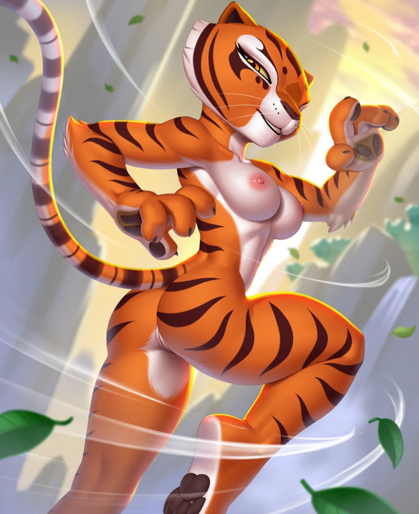 ass boobs butt claws detailed_background dreamworks facial_markings female furry handpads hi_res highres kung_fu_panda looking_at_viewer master_tigress naked nipples nude orange_fur pak009 pakwan008 pawpads pink_nipples pussy pussy_lips smile solo striped_fur striped_tail stripes tail tiger tits two_tone_fur whiskers