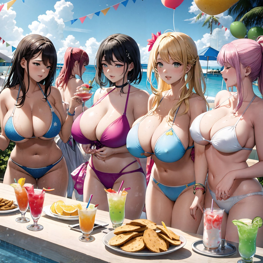 2023 4girls ai_generated big_breasts bikini black_hair blonde_hair curvy curvy_female curvy_figure female_focus female_only hi_res long_hair looking_at_viewer medium_hair pink_hair pool_party pool_party_series seductive_look stable_diffusion voluptuous_female