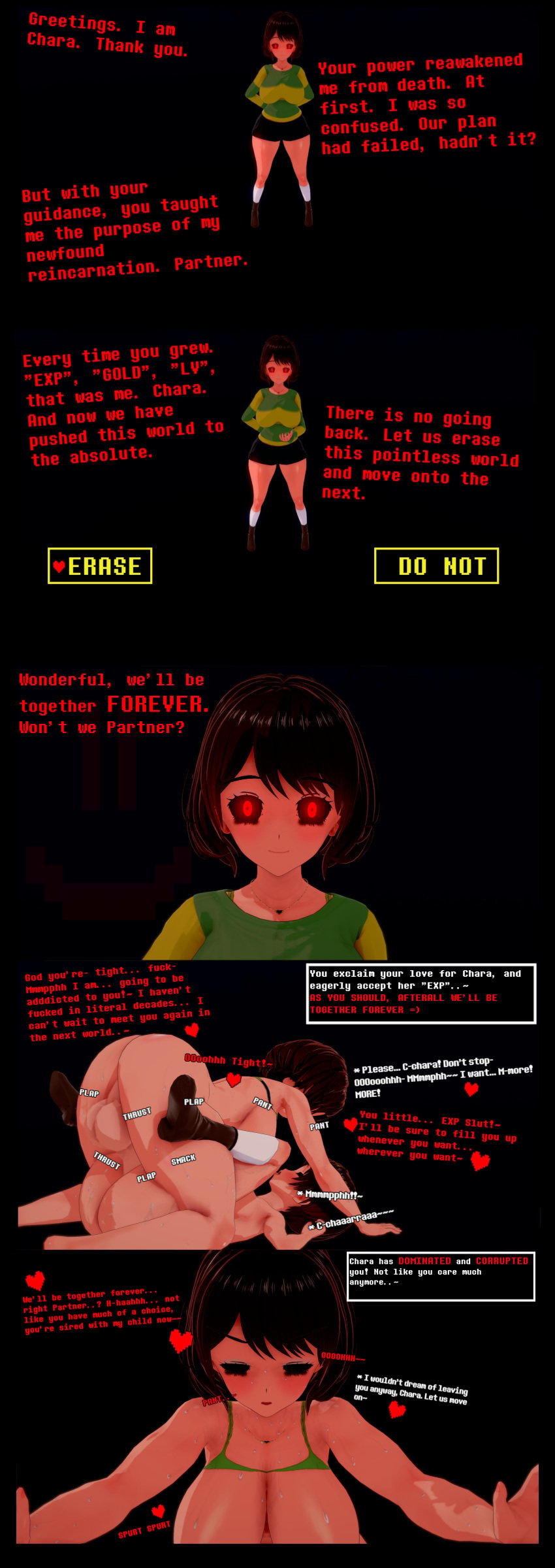 3d black_background black_sclera chara color comic dialogue english english_dialogue english_text female frisk futa_on_female futanari glowing_eyes impregnation mating_press paroraro red_eyes sex tagme talking text text_box undertale undertale_(series)