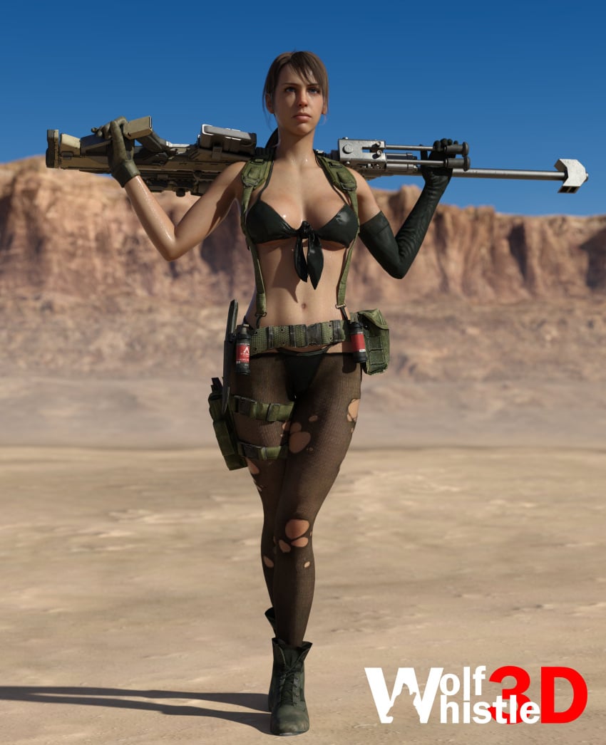 3d 3d_(artwork) armwear belt boots bra brown_hair clothing desert female firearm footwear gloves gun handwear human legwear metal_gear metal_gear_solid metal_gear_solid_v pale_skin panties pantyhose pinup ponytail quiet_(metal_gear) rifle sniper_rifle stefanie_joosten sweat swimwear tactical_gear weapon wolfwhistle3d