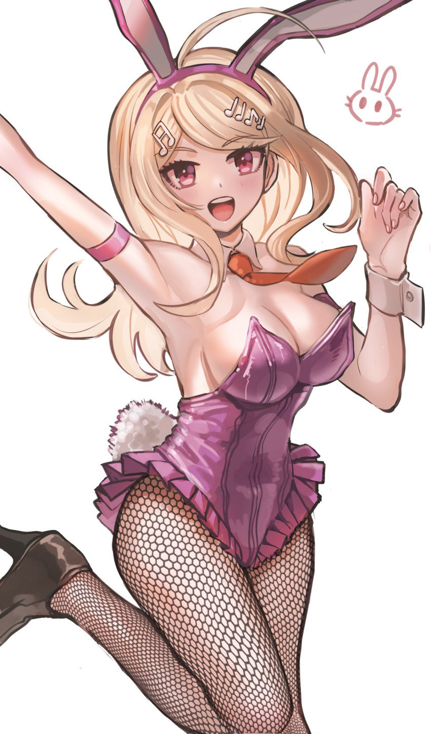 2023 ahoge akamatsu_kaede armpits arms_up armwear black_heels black_high_heels blonde_female blonde_hair blonde_hair_female blush_lines blushing_at_viewer breasts bunny bunny_costume bunny_ear bunny_girl bunny_hair_ornament bunny_tail bunnygirl bunnysuit danganronpa danganronpa_v3 danganronpa_v3:_killing_harmony eyebrows eyelashes female female_focus female_only fishnet fishnet_legwear fishnet_stockings fishnets hair hairband hairclip hairclips headband heel_boots heeled_boots heels high_heel_boots high_heels jumping long_hair looking_at_viewer nail nail_polish nailpolish nails nails_painted neck neck_tuft necktie neckwear new_danganronpa_v3 open_eyes open_mouth open_smile orange_tie pink_bunnysuit pink_eyes pink_hairband pink_nail_polish pink_nails simple_background sole_female solo solo_female solo_focus straight_hair tie visket53 white_background white_neckwear