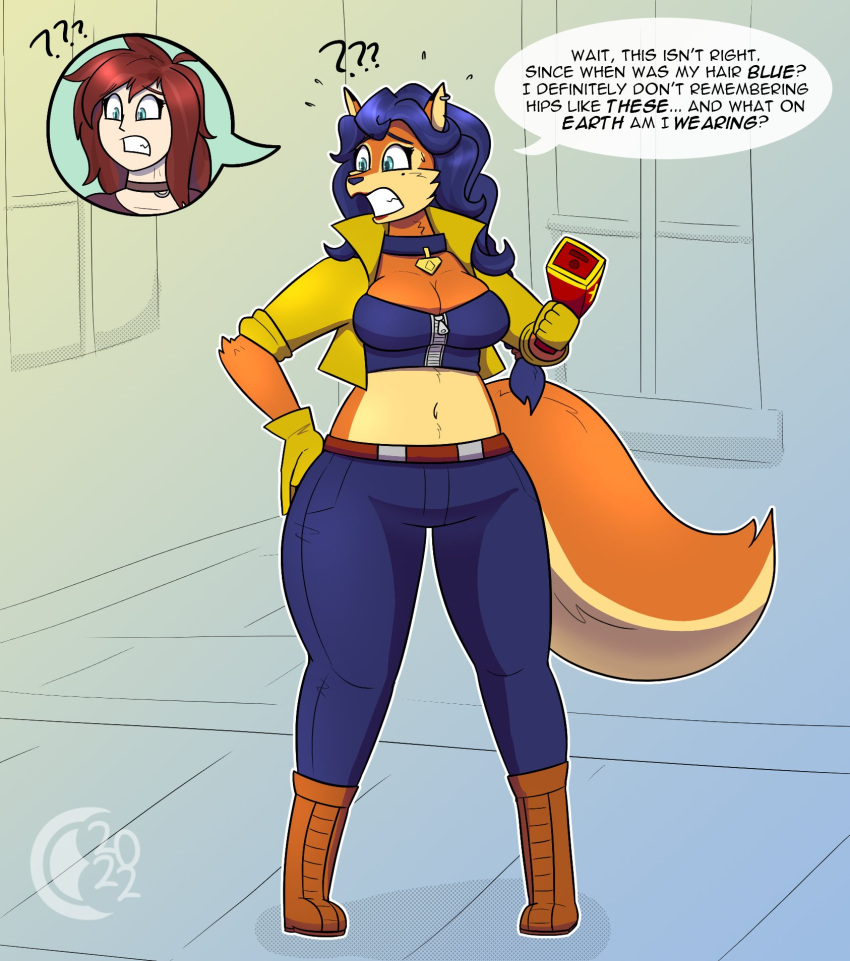 big_breasts blue_hair boots breasts carmelita_fox chocend female furry gun shock_pistol sly_cooper_(series) tagme transformation