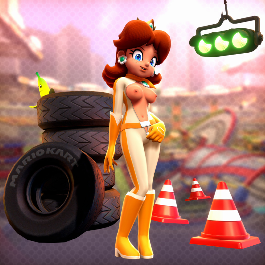 1girls 3d accurate_art_style alternate_version_at_source battle_stadium blue_eyes bodysuit brown_hair female female_only freckles human looking_at_viewer mario_(series) mario_kart mario_kart_8 nintendo onmodel3d pinup png princess_daisy racing_suit solo stadium tagme unzipped_bodysuit