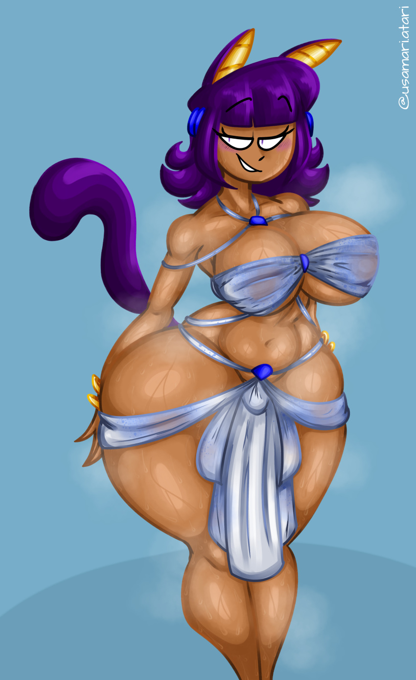 catgirl dark_skin jewelry large_breasts large_thighs original_character purple_hair sweat tail tummy usamari_atari wet_clothing