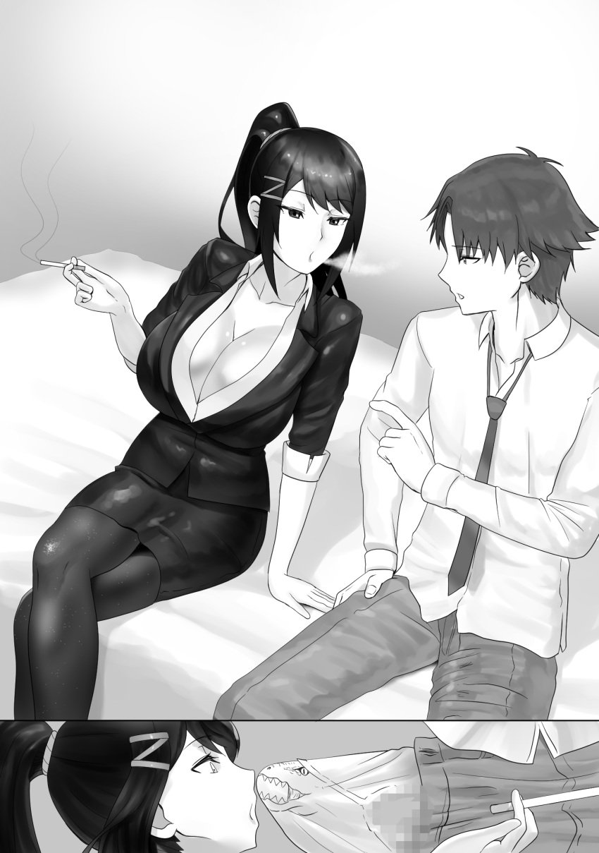 1boy 1girls ayanokouji_kiyotaka bed big_breasts big_penis boxers bulge business_suit censored chabashira_sae cigarette classroom_of_the_elite cleavage clothed clothing erect_penis erection_under_clothes erection_under_underwear highres imminent_oral imminent_sex indoors kmvt kmvt69 large_breasts large_penis mosaic_censoring older_female panty_pull pantyhose penis_awe ponytail school_uniform smoking student teacher teacher_and_student underwear youkoso_jitsuryoku_shijou_shugi_no_kyoushitsu_e younger_male