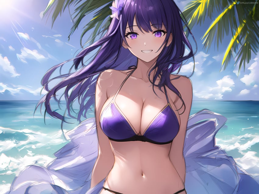 1girls ai_generated arms_behind_back beach belly belly_button big_breasts bikini bikini_top cleavage close-up cloud cute diffusion34 female female_only genshin_impact grin hair hair_ornament hourglass_figure large_breasts light-skinned_female light_skin long_hair looking_at_viewer midriff ocean outdoors palm_tree purple_bikini purple_bikini_top purple_eyes purple_hair raiden_shogun self_upload solo stable_diffusion standing