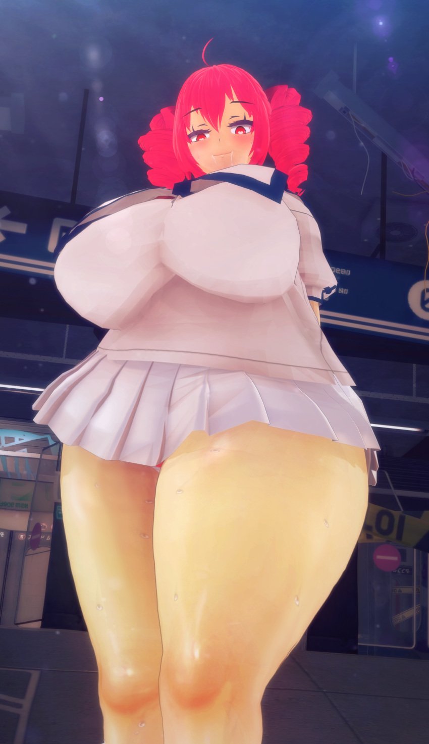 1girls 3d alternate_angle big_breasts female heart-shaped_pupils kasane_teto looking_at_viewer ragedkc skirt sweat sweatdrops utau wide_hips wide_thighs