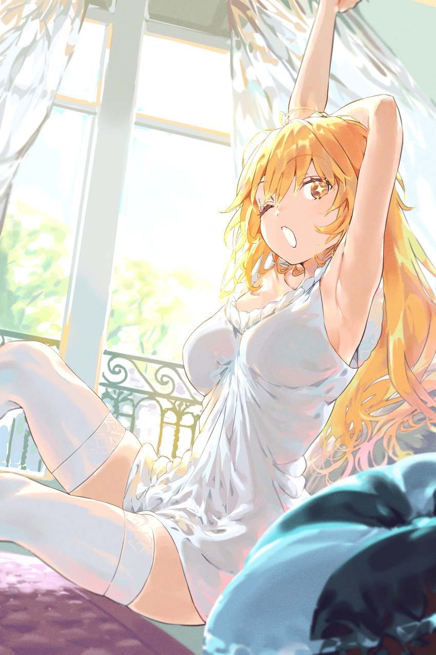 +_+ 1girls 2020s 2023 absurd_res armpits arms_up bangs bed bedroom blonde_hair breasts bright_pupils curtains cushion female haimura_kiyotaka hi_res indoors large_breasts light-skinned_female light_skin long_hair looking_at_viewer matching_hair/eyes nightgown official_art on_bed one_eye_closed open_mouth orange_eyes pillow shokuhou_misaki sitting sleepwear solo sparkling_eyes star-shaped_pupils star_(symbol) stretching sunlight symbol-shaped_pupils teenage_girl teenager thighhighs to_aru_kagaku_no_railgun to_aru_majutsu_no_index unusual_pupils white_nightgown white_thighhighs window yawning yellow_eyes yellow_pupils young