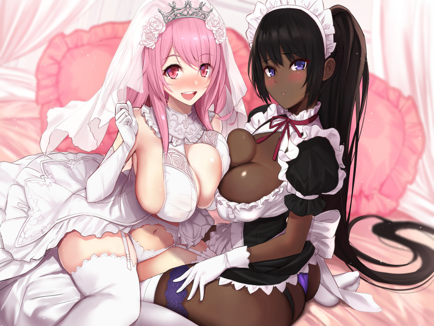 2girls black_hair blush breast_press chocolate_and_vanilla cleavage cleavage_cutout dark-skinned_female dark_skin dress duo eyebrows_visible_through_hair gloves happy headdress hilde_(untue) light-skinned_female light_skin looking_at_viewer maid maid_headdress maid_uniform marie_(untue) nose_blush on_bed original panties pillows pink_bed_sheet pink_eyes pink_hair pink_pillows ponytail princess purple_eyes purple_panties tiara timid untue veil wedding_dress wedding_veil white_gloves white_panties