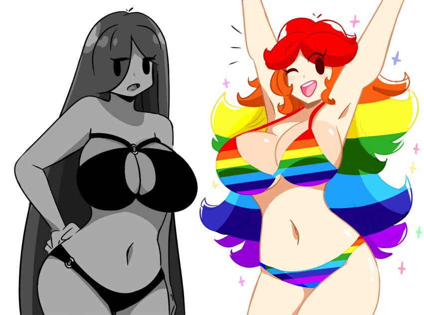 2023 2girls bikini black_hair cleavage female_only gray_skin hair_over_one_eye large_breasts midriff mob_face monochrome murgoten o-ring o-ring_bikini polychrome rainbow_bikini rainbow_hair smile tagme very_long_hair