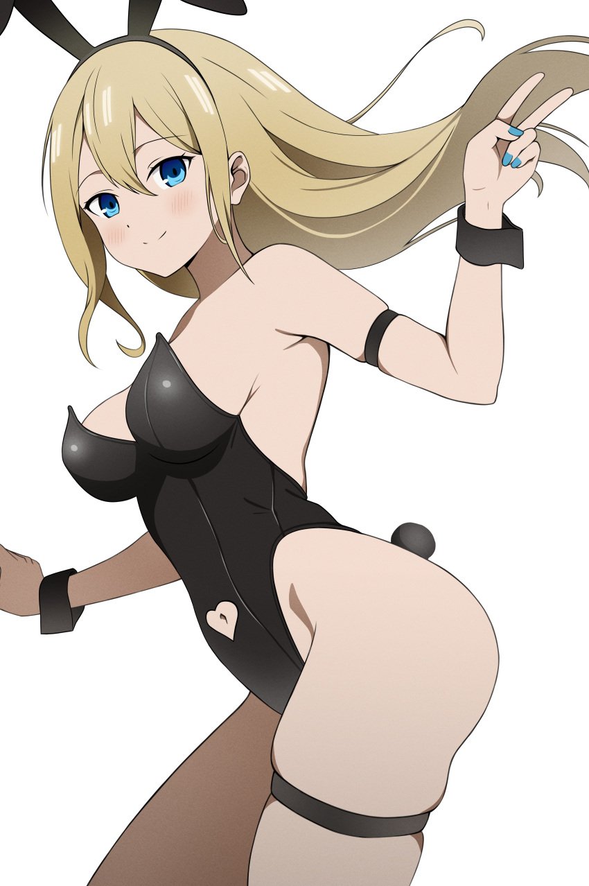 1girls :) accurate_art_style alternate_hairstyle arm_strap ass bare_shoulders big_breasts blonde_hair blue_eyes blue_nails blush bunny_ears bunny_tail bunnysuit chest cleavage clothed coro_fae cuffs cute embarrassed fake_bunny_ears fake_bunny_tail female female_only fingernails hair_between_eyes hair_flaps hair_up hayasaka_ai highres kaguya-sama_wa_kokurasetai_~tensai-tachi_no_renai_zunousen~ leotard light-skinned_female long_hair looking_at_viewer nail_polish nails navel navel_cutout official_style peace_sign smile solo standing thick_thighs thigh_strap thighs v v_sign white_background