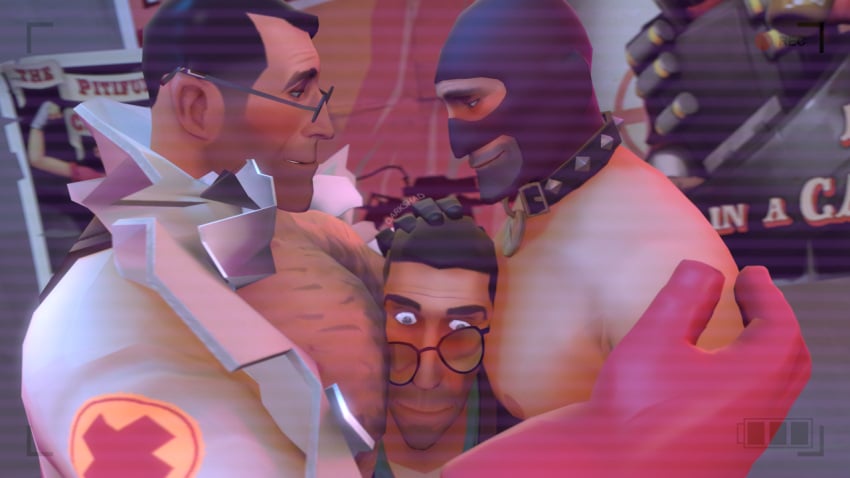 breasts gay happy medic_(team_fortress_2) muscular_male nsfwdark pressing_breasts_together sfm sniper_(team_fortress_2) source_filmmaker spy_(team_fortress_2) team_fortress_2