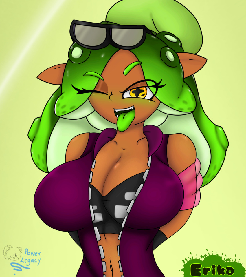 1girls big_breasts dark_skin female green_hair oc original_character powerblueflower splatoon tagme yellow_eyes