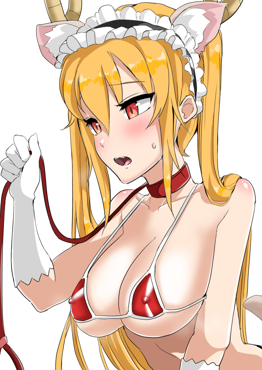 bikini blonde_hair breasts cleavage collar dragon_girl holding_leash leash maid_headdress mikugeru_328 miss_kobayashi's_dragon_maid swimsuit tagme tohru_(dragon_maid) twintails