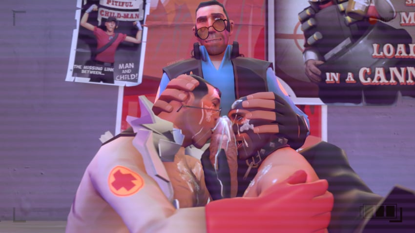 breasts cock_hungry cum cum_in_mouth cum_on_breasts cum_on_face cumshot gay gay_blowjob massive_penis medic_(team_fortress_2) nsfwdark sfm sniper_(team_fortress_2) source_filmmaker spy_(team_fortress_2) team_fortress_2 threesome