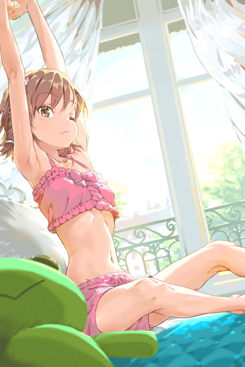 1girls 2020s 2023 absurd_res bare_legs bed bedroom breasts brown_eyes brown_hair brunette collarbone curtains female from_side gekota haimura_kiyotaka hair_flower hair_ornament hi_res indoors looking_at_viewer matching_hair/eyes midriff misaka_mikoto navel official_art on_bed one_eye_closed pink_shorts short_hair shorts sitting sleepwear small_breasts solo stretching stuffed_animal stuffed_frog stuffed_toy sunlight teenage_girl teenager to_aru_kagaku_no_railgun to_aru_majutsu_no_index waking_up window young