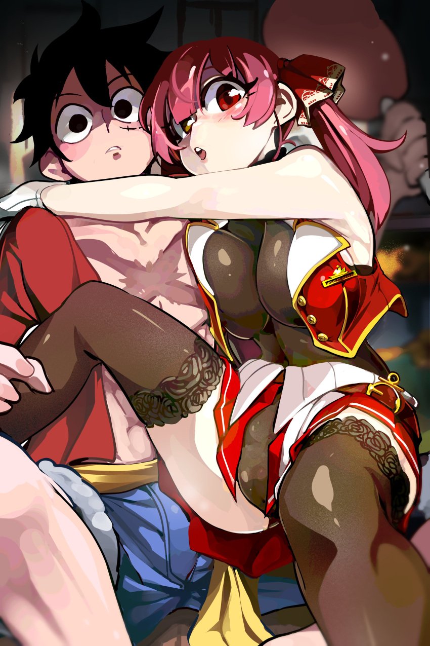 1boy 1girls absurd_res big_breasts black_eyes black_hair bongfillstudent bulge crossover female heterochromia hololive hololive_fantasy hololive_japan houshou_marine long_hair looking_at_viewer male monkey_d_luffy one_eye_closed one_piece pink_hair red_eyes sitting sitting_on_lap stockings twintails virtual_youtuber yellow_eyes