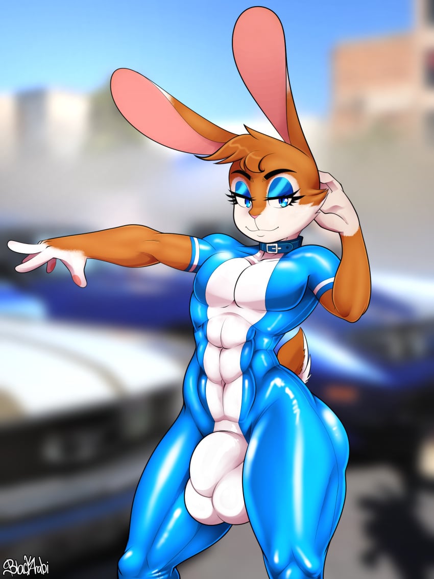 ambiguous_gender athletic blackarabi bulge bulge_size_difference clothing fan_character girly hi_res jumpsuit lagomorph latex leporid male male_only mammal rabbit solo solo_male