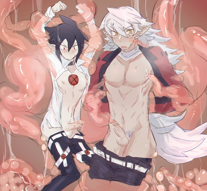 black_hair blush choker cum disgaea disgaea_4 egg_laying fenrich grey_hair long_hair male male_only nipples open_shirt pants_down penis penis_out pointy_ears red_eyes sweat tail tears tentacle valvatorez vampire werewolf yellow_eyes