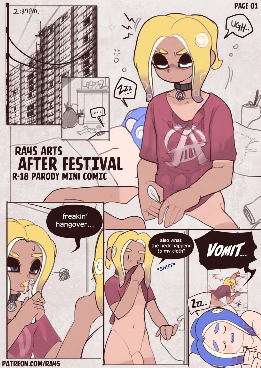 2boys blue_eyes blue_hair bottomless clothed clothing comic comic_page dialogue femboy feminine_male girly hangover light-skinned_male light_skin male male_only nude octoling octoling_boy orange_eyes otoko_no_ko partially_clothed penis ra4s shower showering splatoon tagme tan-skinned_femboy tan_body tanline trap twink vomit vomiting waking_up yaoi yellow_hair