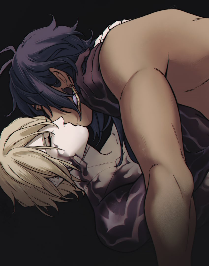 blonde_hair brown_hair closed_eyes dainsleif_(genshin_impact) dark_background ear_piercing gay genshin_impact kaeya_(genshin_impact) kissing male male/male male_only naked ruebird tan_skin