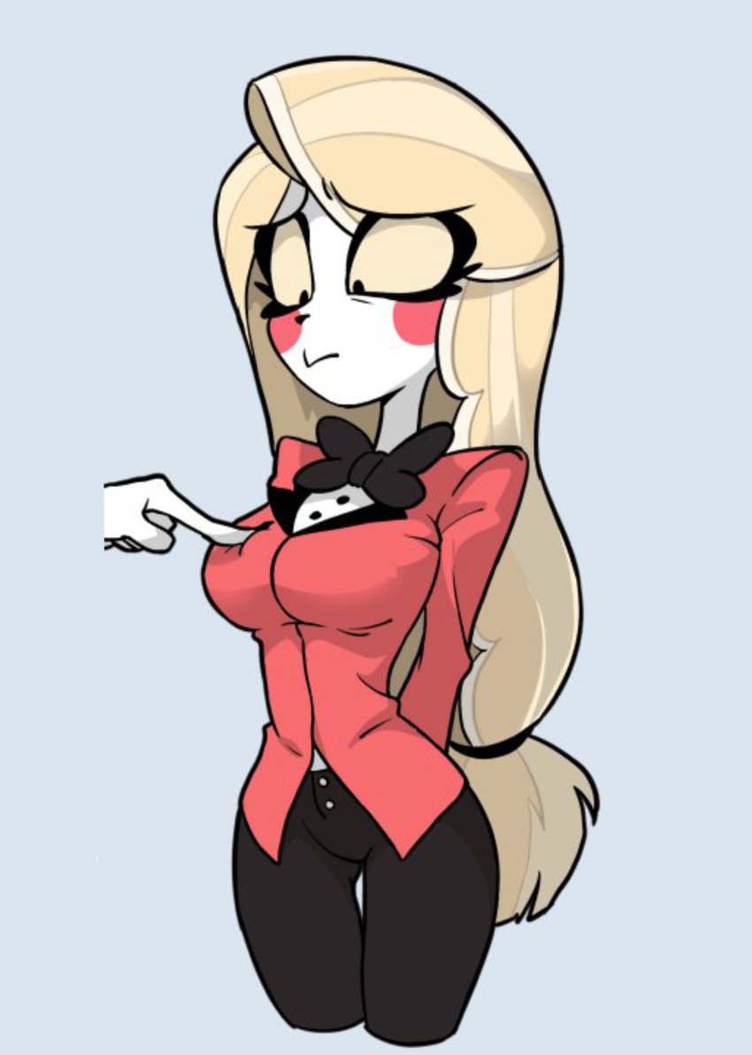 anon blonde_hair boop casual centinel303 charlie_morningstar_(hazbin_hotel) clothed_female clothing female finger_on_breasts hands_behind_back hazbin_hotel humanoid normal_breasts pale_skin partial_male poking poking_breasts safe_for_work tagme tuxedo uncomfortable white_skin