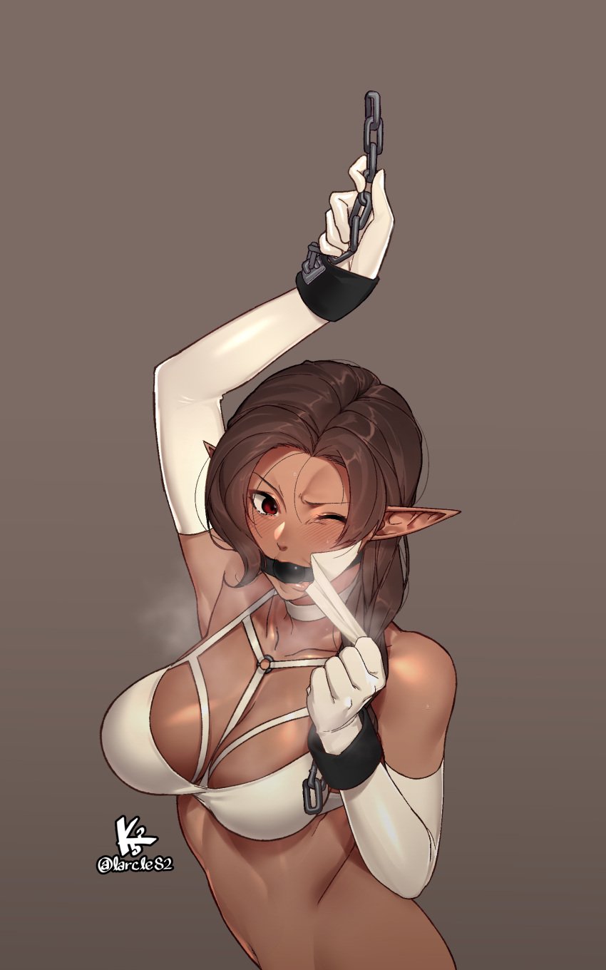 1girls absurdres artist_name blush bondage bra braid breasts broken broken_chain brown_background brown_hair chains choker cleavage dark-skinned_female dark_elf dark_skin dildo dildo_gag elbow_gloves elf female female_only femsub from_above gag gagged gloves highres k52 long_hair medium_breasts one_eye_closed original pointy_ears red_eyes simple_background single_braid solo underwear white_bra white_choker white_gloves