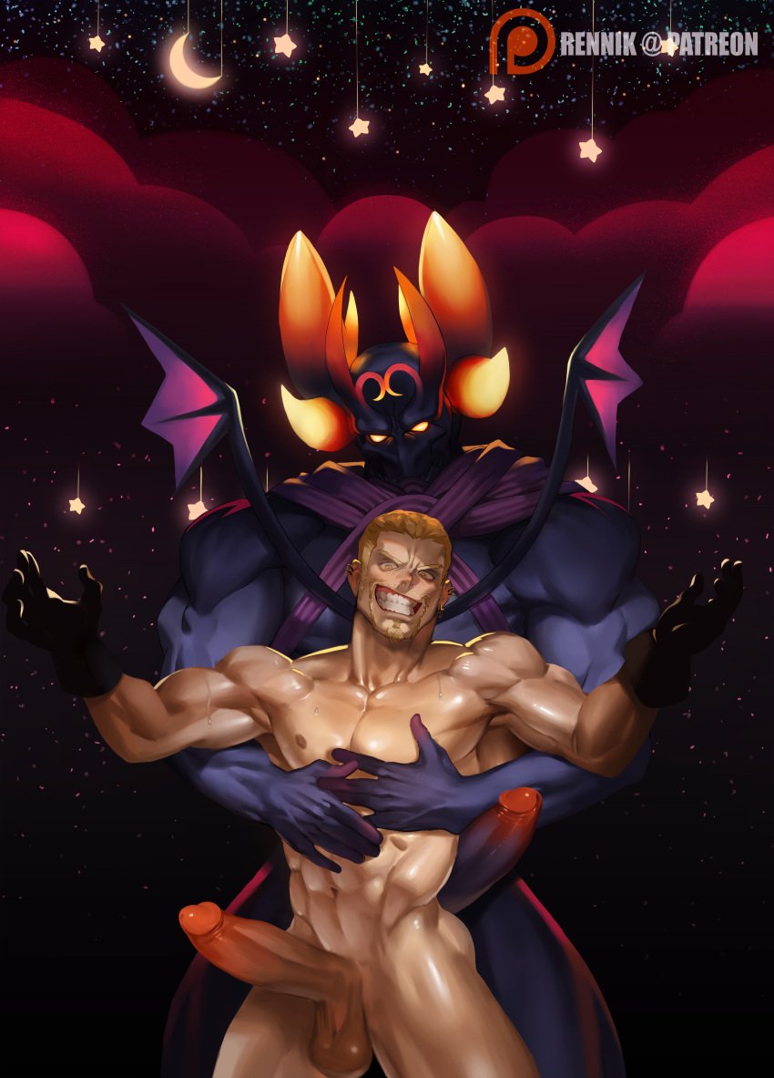 arms_around_waist balls bara big_balls big_penis boner dark_inferno ear_piercing erection facial_hair gloves heartless imminent_anal imminent_sex kingdom_hearts luxord male male_only muscles muscular na_insoo nude organization_xiii penis rennik size_difference sweaty