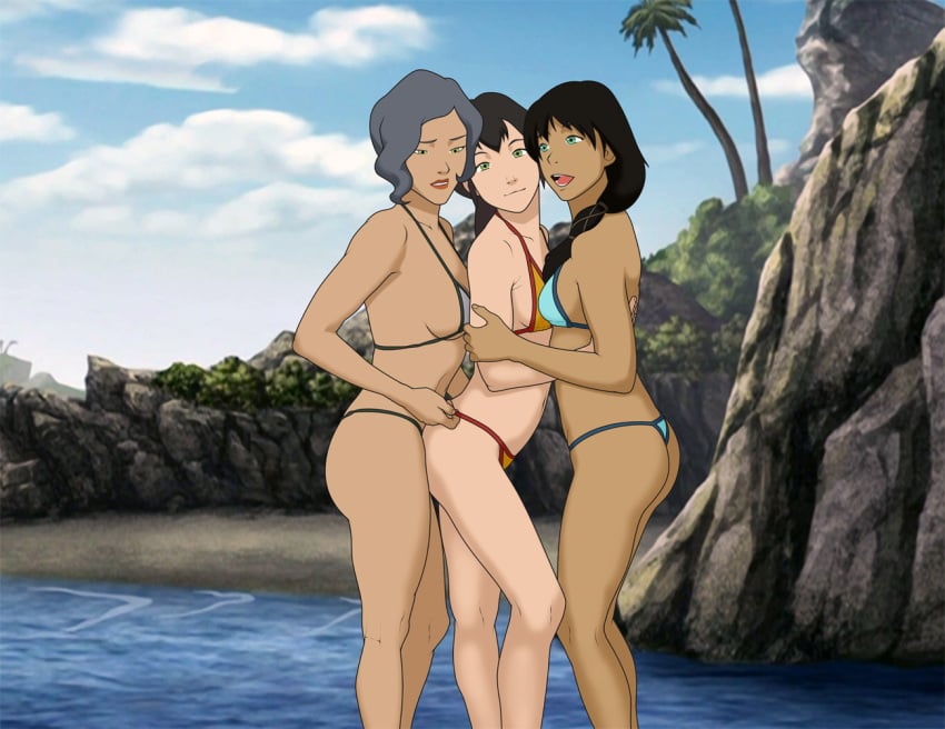 3girls :3 anaxus asian_female avatar_legends beach blue_eyes cute dark-skinned_female earth_kingdom embrace female female_only girl_sandwich green_eyes group hand_in_bikini hugging light-skinned_female looking_at_viewer mature_female milf mother multiple_girls outdoors pema seducing senna_(tlok) side_view sideboob small_breasts smile suyin_bei_fong swimsuit symmetrical_docking talking the_legend_of_korra thong thong_bikini water_tribe yuri