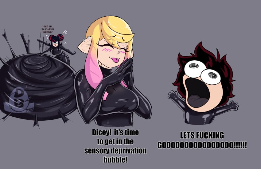 1boy 1futa 2girls bodysuit bondage bulge clothed clothing cute_face dialogue dicey_(diceyboi) diceyboi dick_flattening dominant_female english_text female fully_clothed gohma_(diceyboi) human latex latex_suit let's_fucking_go light-skinned_female light-skinned_male light_skin male meme obi_(diceyboi) sensory_deprivation smiling_friends standing text willow_(diceyboi)