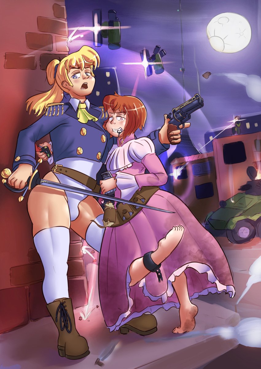 2girls action_pose ankle_cuffs background_characters barefoot belt blonde_hair blue_eyes boots bulge city dangerous dirty_feet dress epaulettes fancy_clothing fantasy feet female force_field futanari grenade grenade_pin gun gunfire leotard military military_vehicle moon muscular muscular_legs neckwear night original original_character penis_bulge pink_eyes pistol ponytail princess red_hair revolver romantic royalty shield sleepyjoslyn suit sword tactical_gear tactical_rat thighs uniform uniform_top weapon weapons