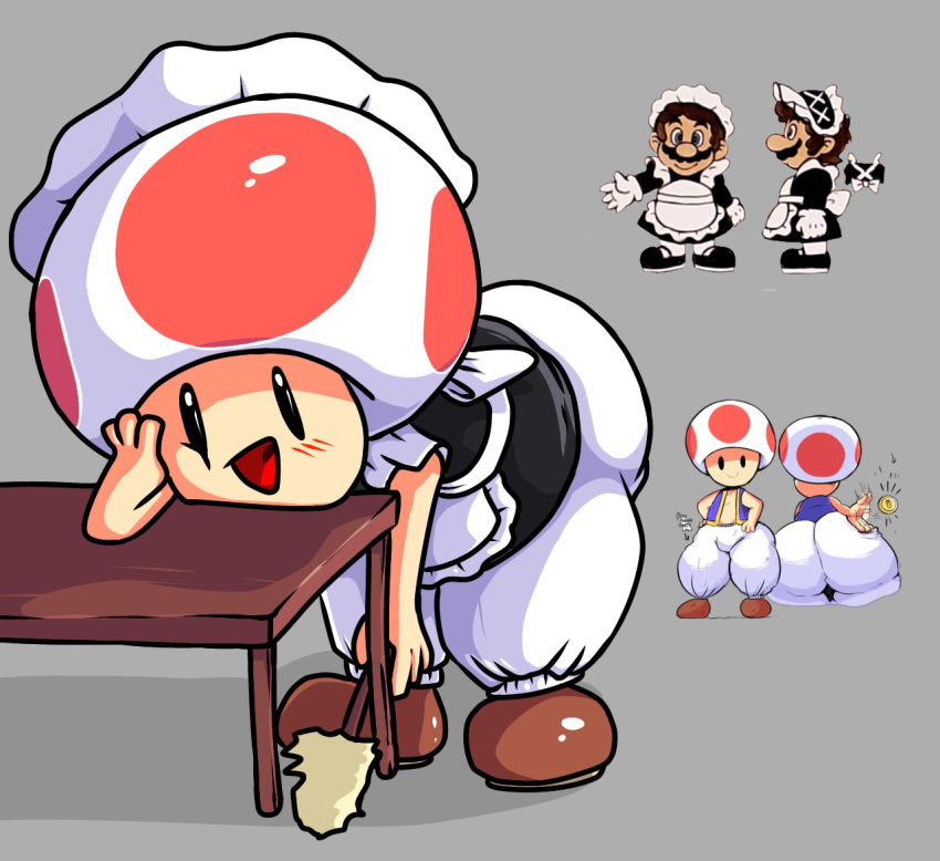 ass bent_forward bent_over bent_over_table betasheep28 hand_on_head happy head_on_table leaning_forward leaning_on_object looking_at_viewer maid maid_outfit maid_uniform male_only mario mario_(series) nintendo puffy_pants smile smiling smiling_at_viewer solo_focus squished_cheeks super_mario_odyssey table thick_ass thick_legs thick_thighs thighs toad_(mario)